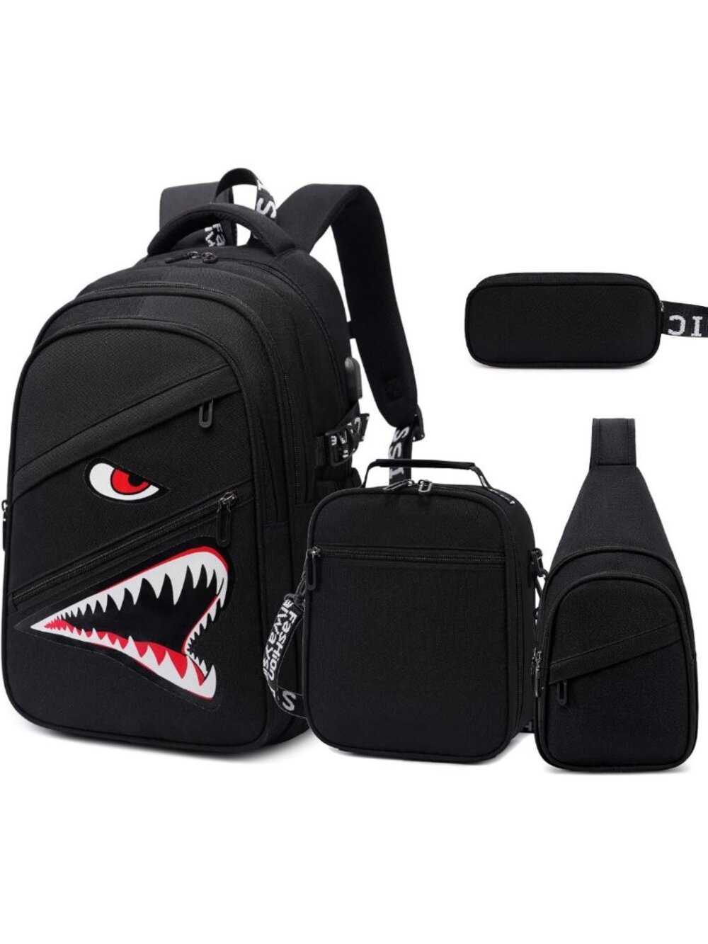 Stylish Boys' Shark Backpack Set - 4PCS with Sling Bag, Lunch Bag & Pencil Case